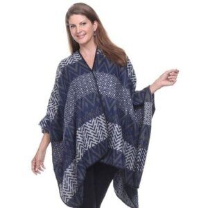Womens Navy Blue & Gray Geometric Pattern Kimono Wrap Poncho